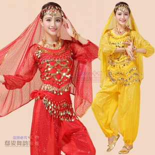 新款印度舞演出服长袖大码新疆舞民族风天竺少女肚皮舞表演服套装