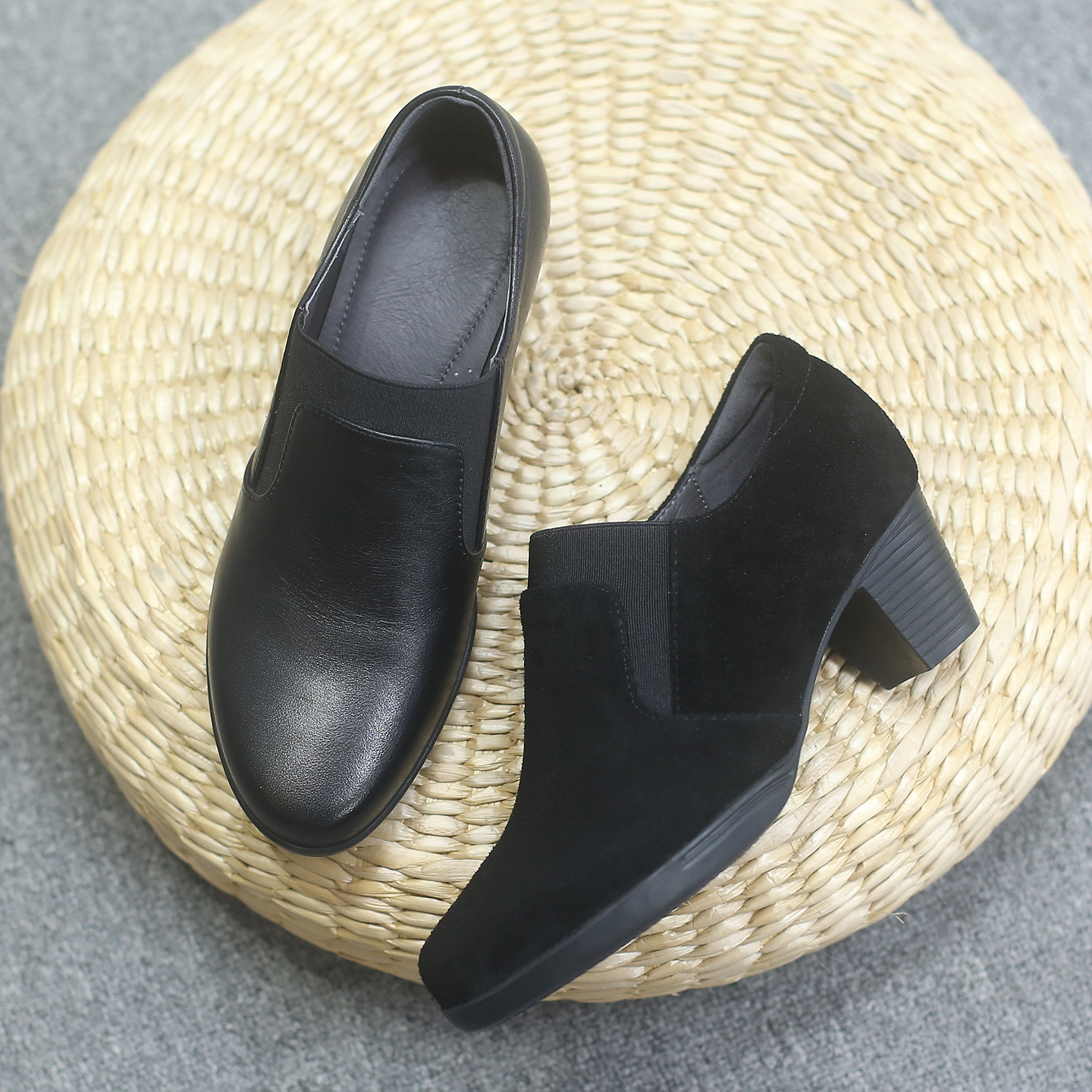 圆头粗跟深口单鞋中跟一脚蹬