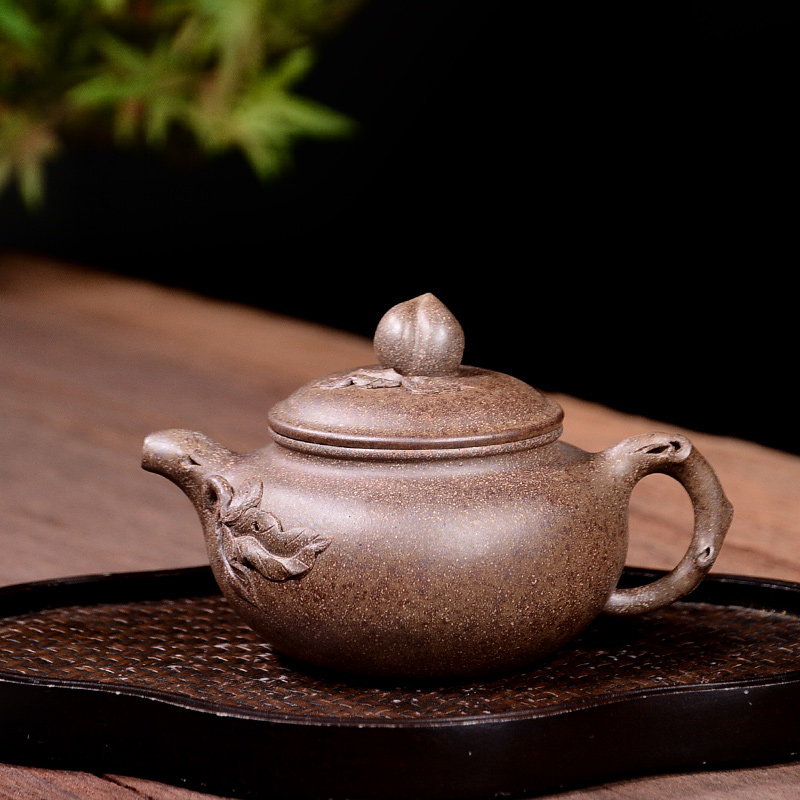 吉羊 宜兴柴烧窑变紫砂壶纯手工茶壶茶具原矿翡翠金砂寿桃仿古