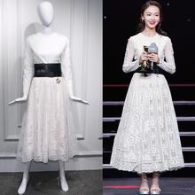 裙蕾丝刺绣明星谨言文吴同连衣裙 白色复古王子仙女款 镂空度假长袖