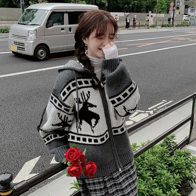 连帽韩版宽松针织衫小鹿提花毛衣