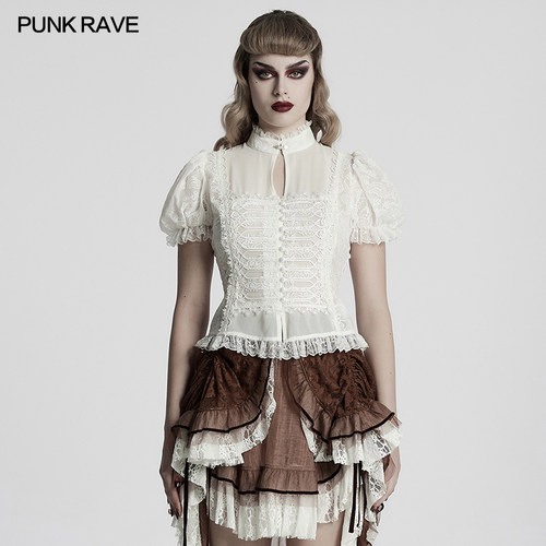 哥特风蕾丝拼接短袖衬衫女