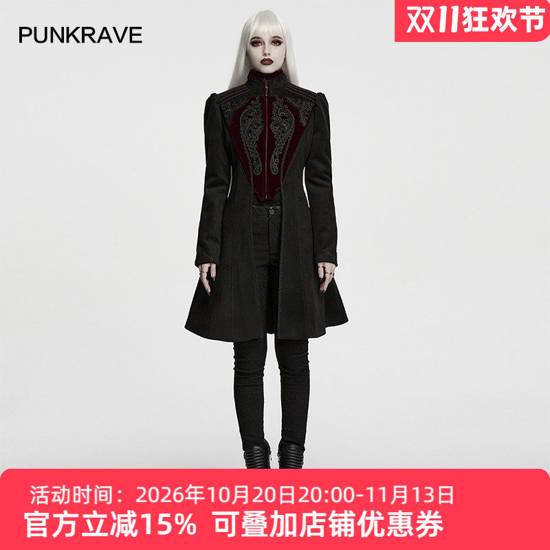 哥特宫廷立领刺绣毛呢大衣女