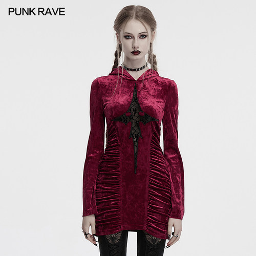 哥特风丝绒连衣裙女新款蕾丝拼接