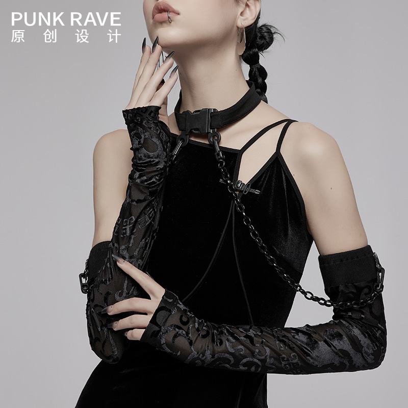 PUNK RAVE暗黑朋克长袖袖套防晒印花网格透气百搭装饰配链条女