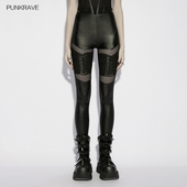 性感女士裤 女高腰长裤 子 网纱拼接绑带紧身裤 朋克风缩褶帅气打底裤