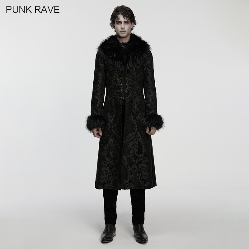 哥特风暗黑系毛领大衣男秋冬新款中长款风衣外套复古暗纹皮草大衣