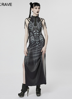 PUNKRAVE朋克修身长款连衣裙女士性感露背挂脖长裙复古收腰包臀裙