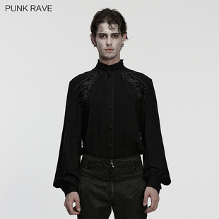 哥特风绅士灯笼袖衬衫男宫廷刺绣休闲长袖衬衣复古暗纹立领上衣潮