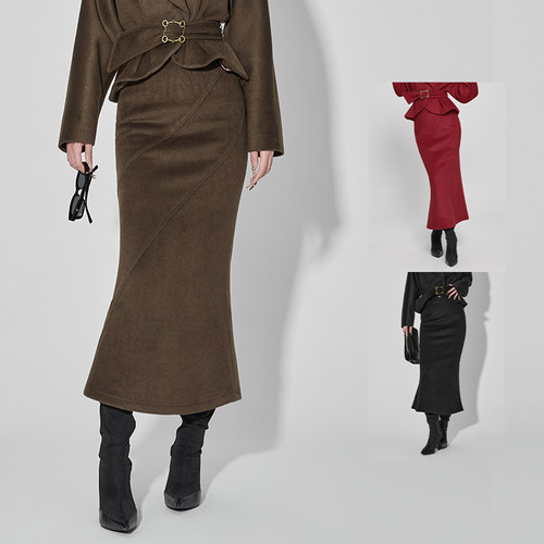 红色毛呢鱼尾裙女秋冬女人味半裙