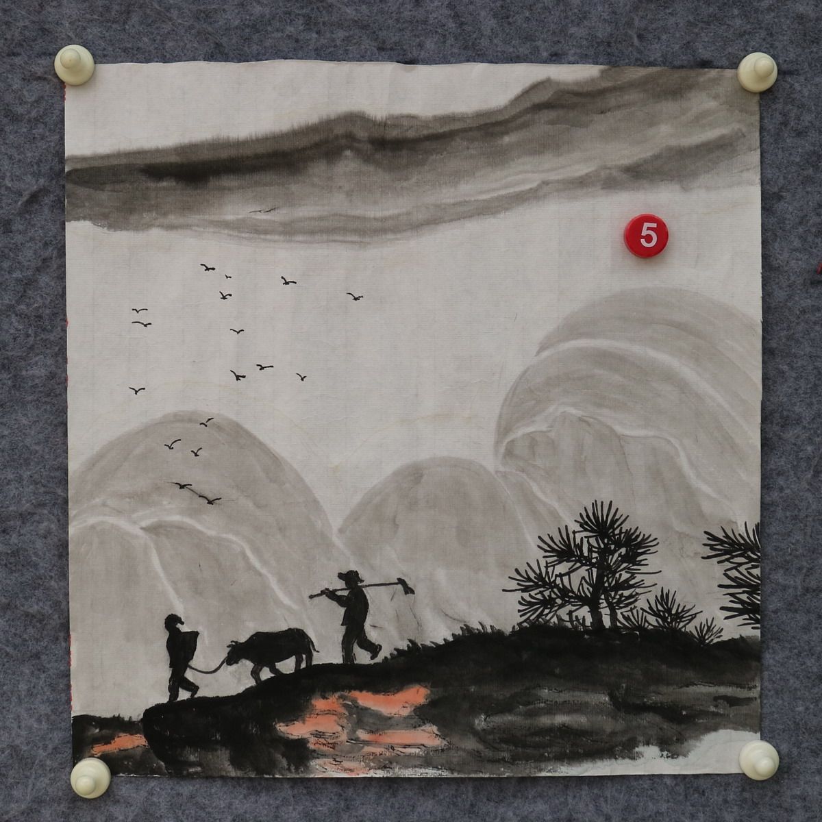 特价手绘水墨无款宣纸原稿国画四尺八开小品故乡情田园山水RC5605