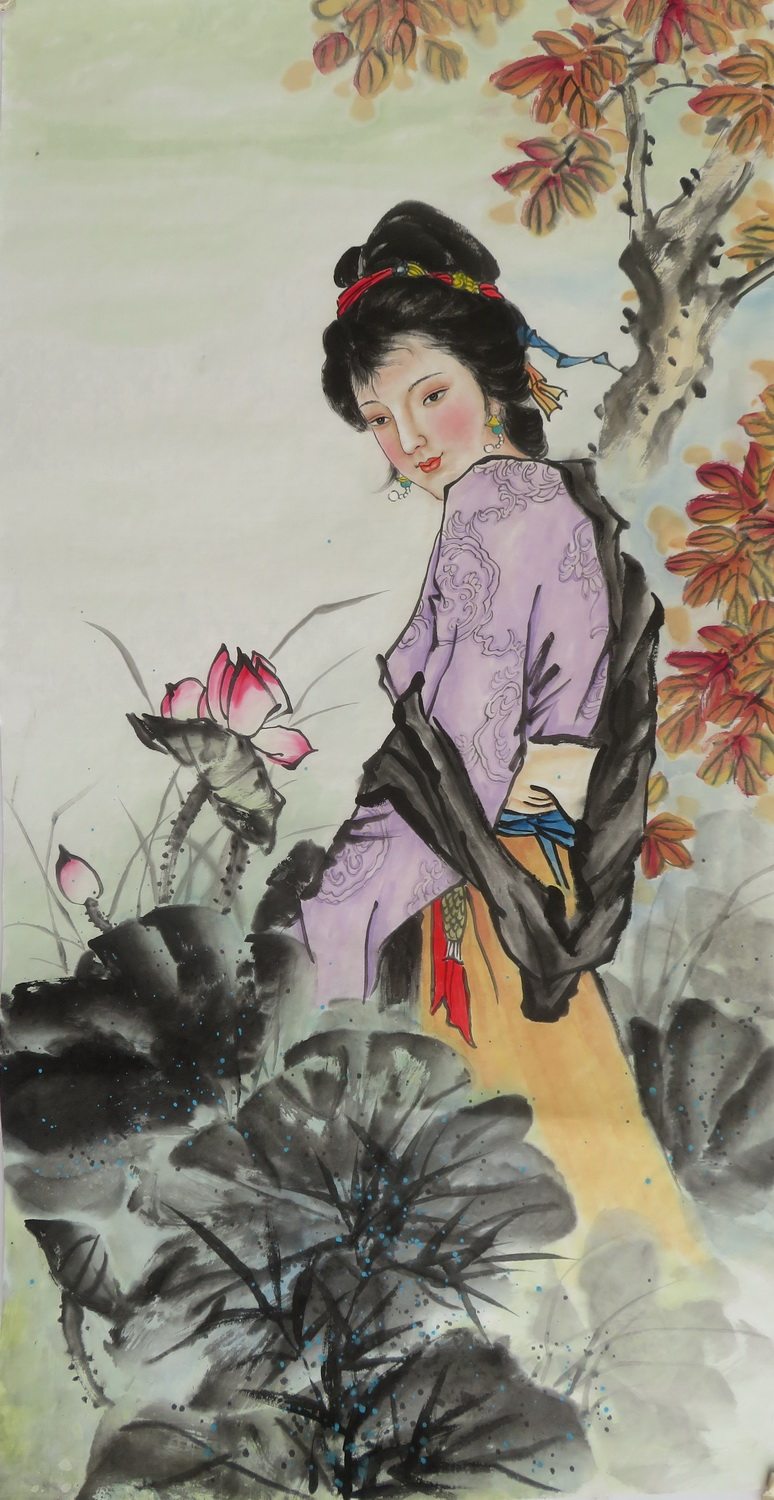 无款手绘中堂写意人物国画三尺现代仕女图客厅装饰画rl2041308