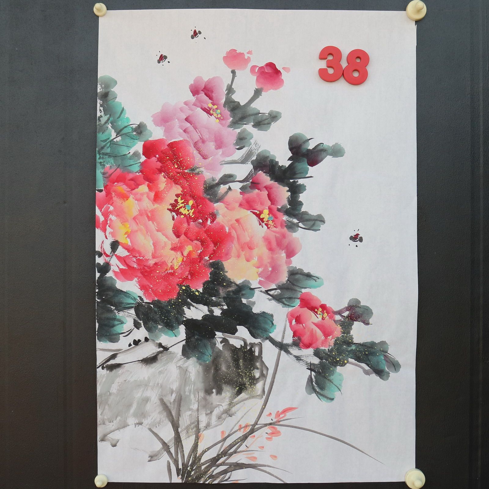 特价手绘无款四尺三开竖幅牡丹花鸟国画家居装饰字画RX5120138