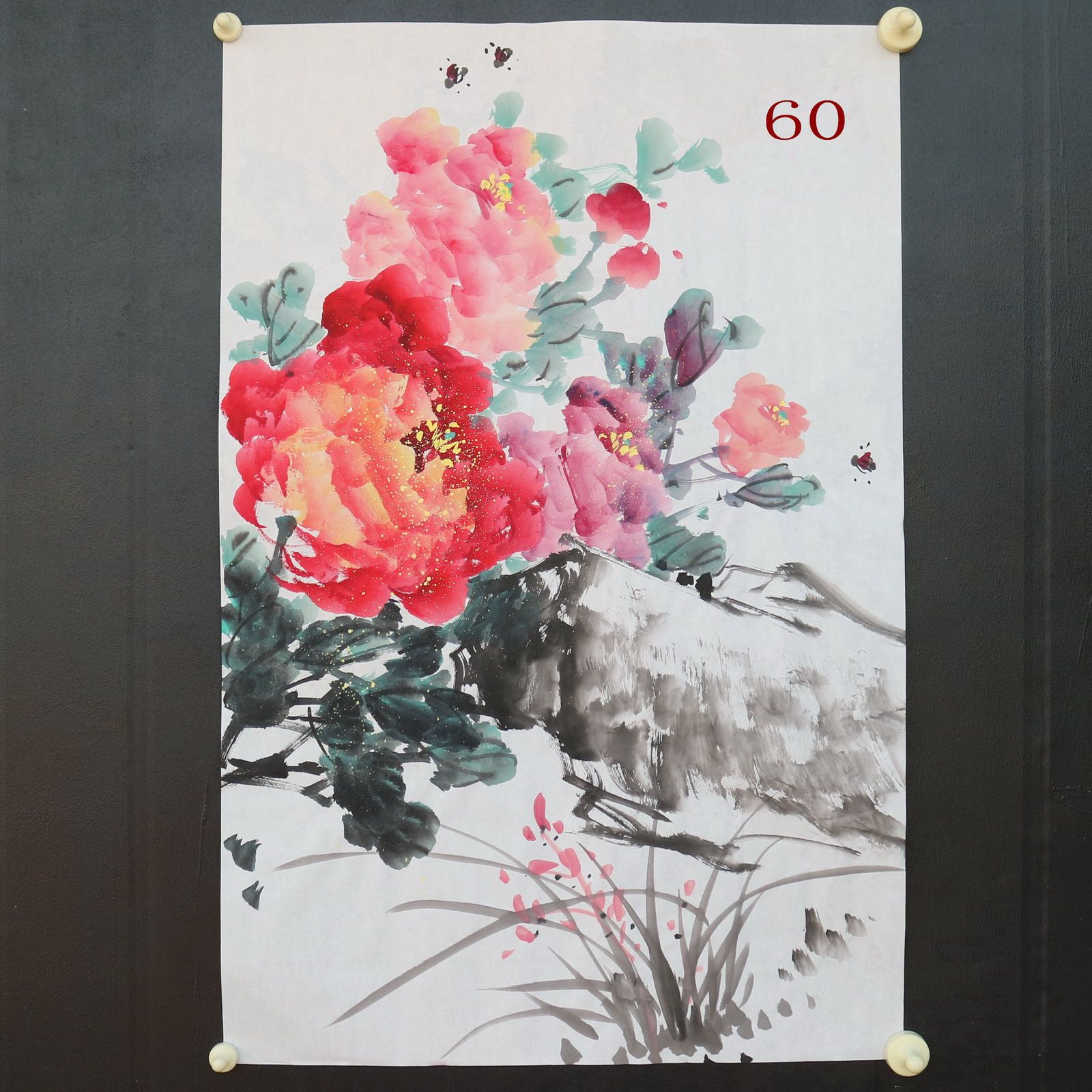 特价手绘无款四尺三开竖幅牡丹花鸟国画家居装饰字画RX5120160