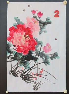 特价手绘无款四尺三开竖幅牡丹花鸟国画家居装饰字画RX5120102