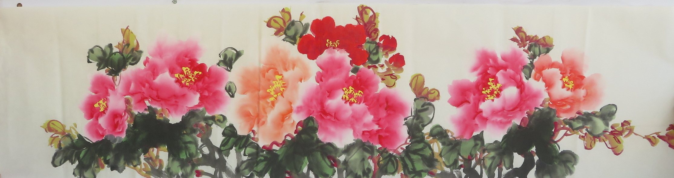 特价处理旧国画四尺对开牡丹手绘无款横幅花鸟装饰画rc70707111