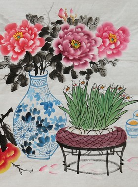 特价手绘无款宣纸国画四尺斗方花鸟清供图家居装饰字画RB58301