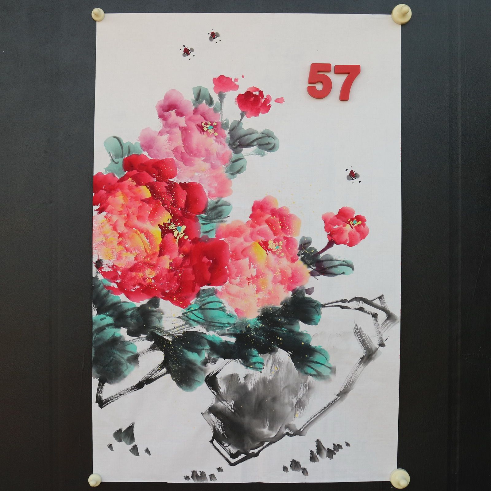 特价手绘无款四尺三开竖幅牡丹花鸟国画家居装饰字画RX5120157