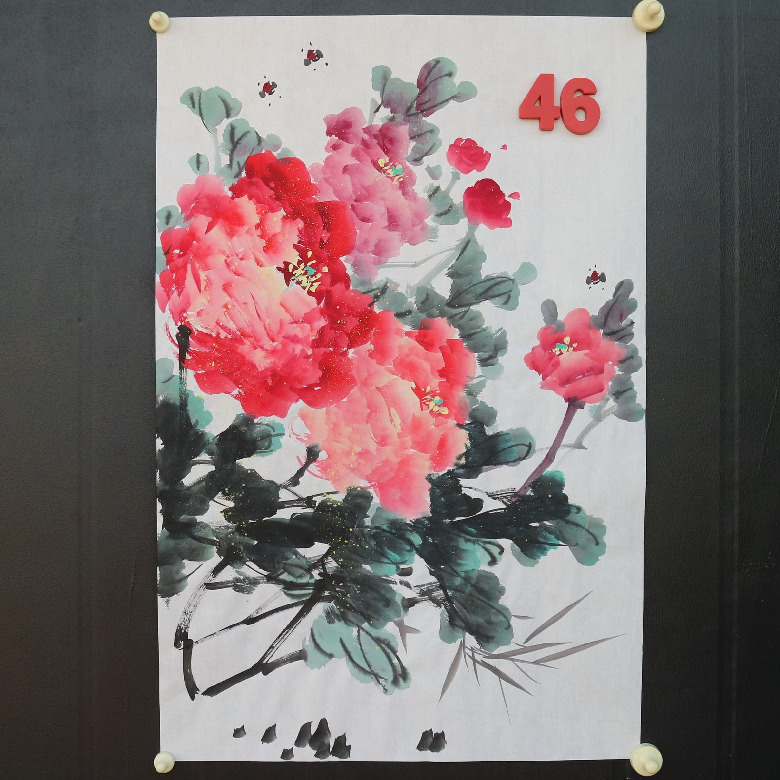 特价手绘无款四尺三开竖幅牡丹花鸟国画家居装饰字画RX5120146