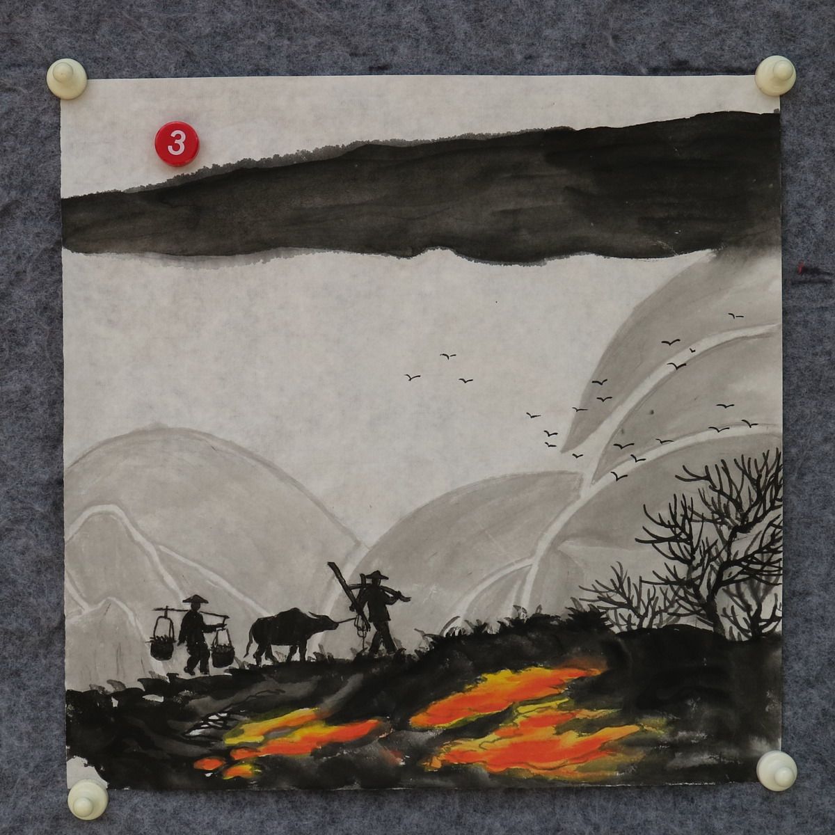 特价手绘水墨无款宣纸原稿国画四尺八开小品故乡情田园山水RC5603