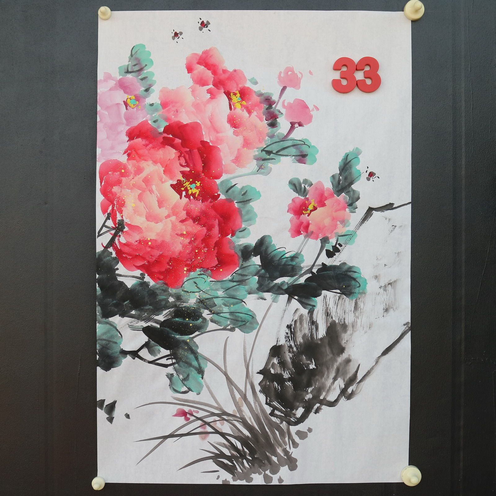 特价手绘无款四尺三开竖幅牡丹花鸟国画家居装饰字画RX5120133