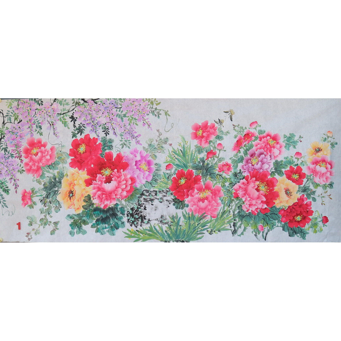 手绘无款横幅小八尺牡丹紫藤水仙花鸟国画客厅装饰字画RA6102001