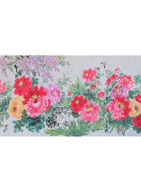 手绘无款横幅小八尺牡丹紫藤水仙花鸟国画客厅装饰字画RA6102001