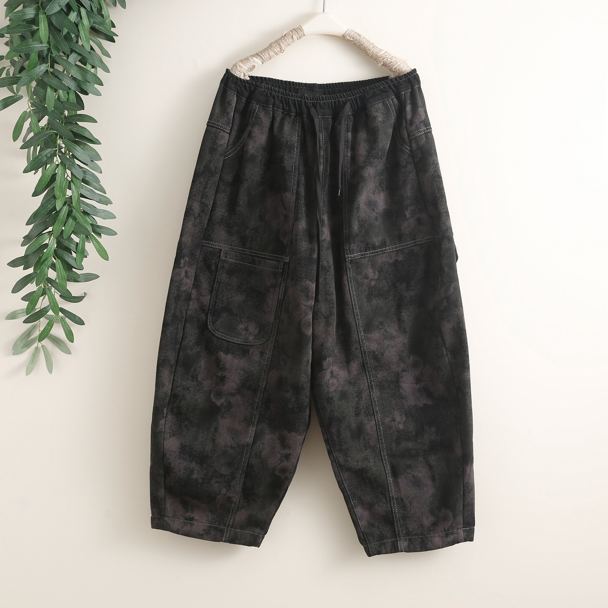 复古炒色印花加绒加厚牛仔裤女士冬季大码宽松保暖垮裤阔腿哈伦裤