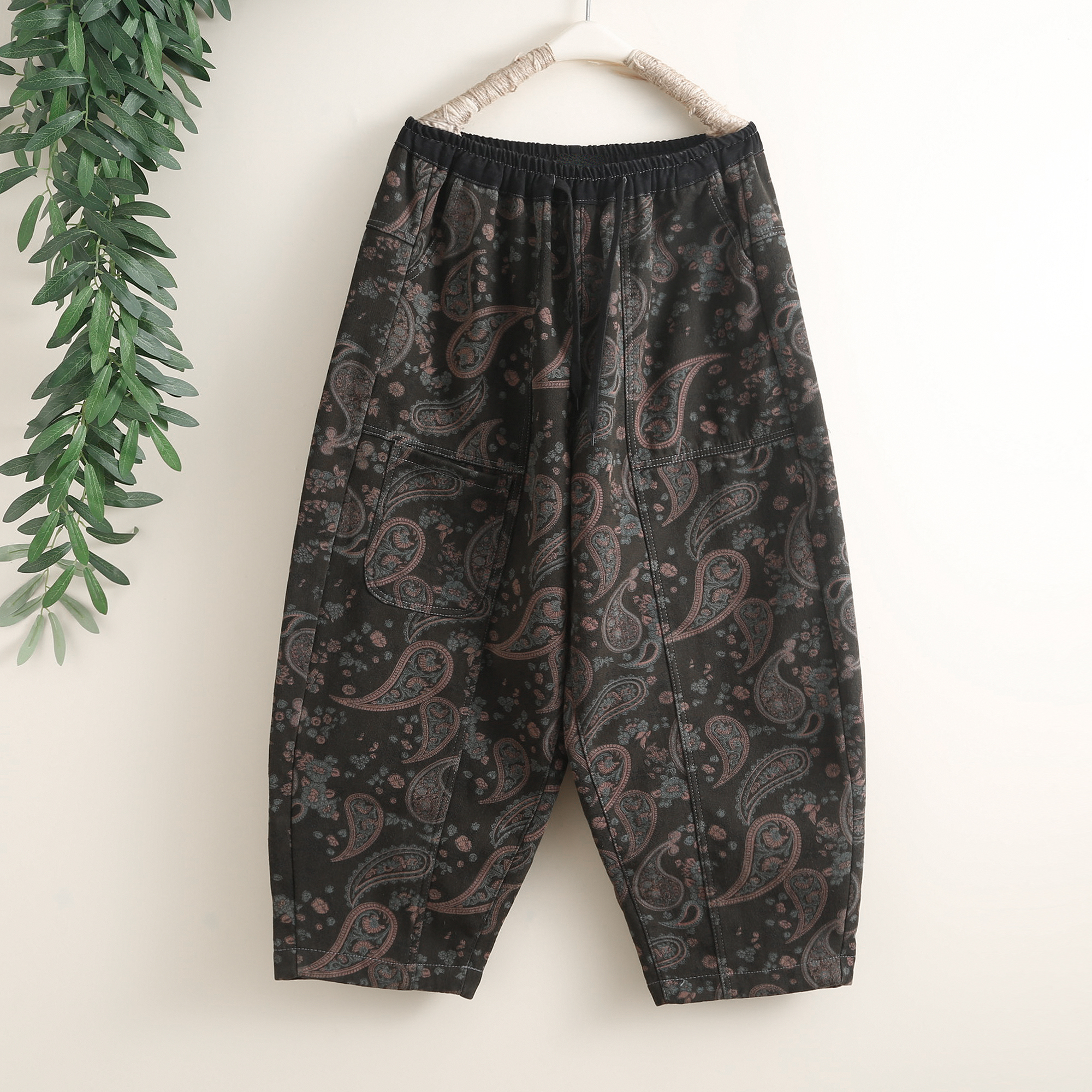 民族风复古印花加绒加厚牛仔裤女冬季宽松洋气保暖垮裤阔腿哈伦裤