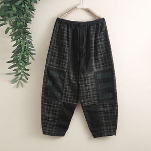 哈伦裤 字母印花宽松显瘦牛仔垮裤 女士时尚 潮流撞色格子拼接老爹裤