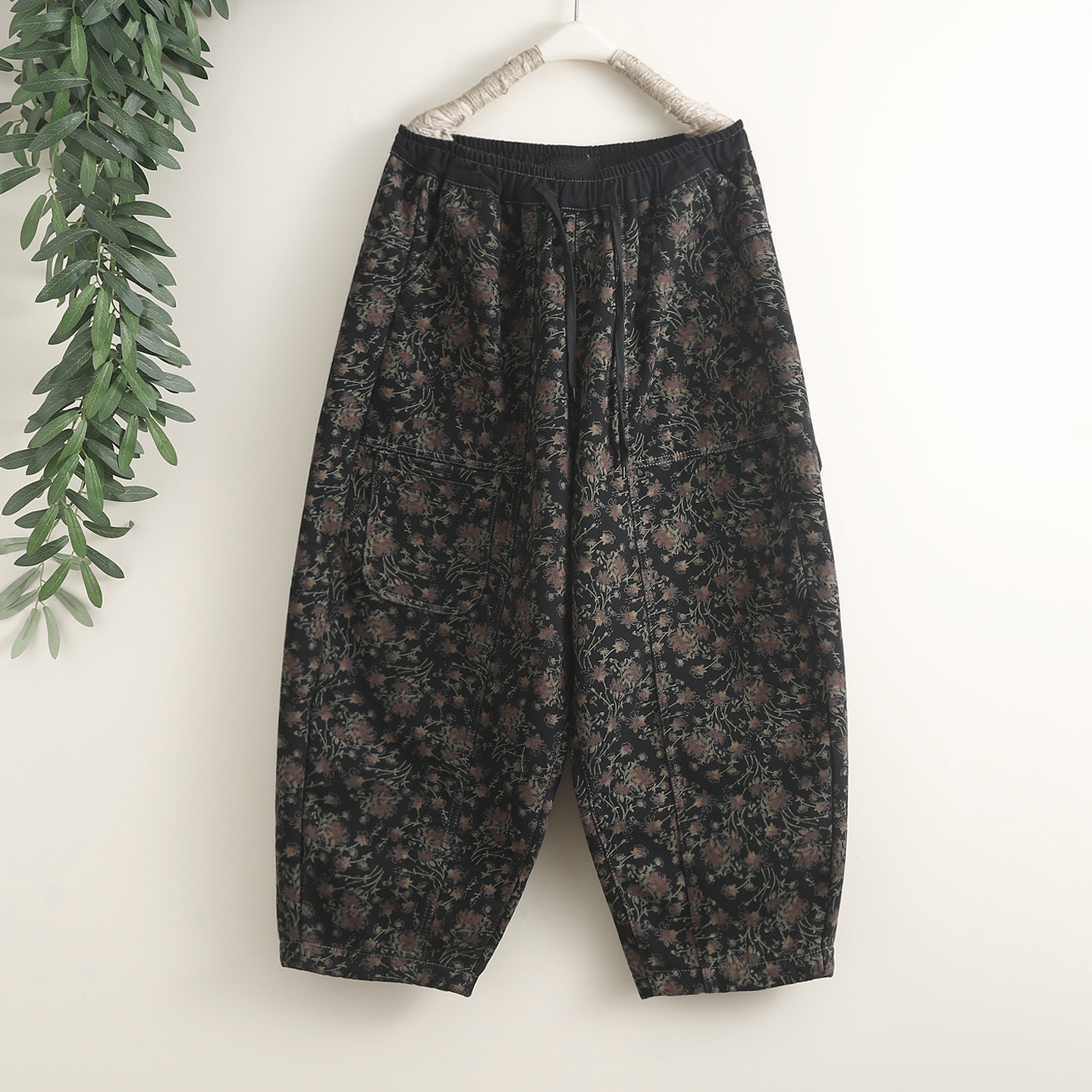 民族风复古印花加绒加厚牛仔裤女冬季大码宽松保暖垮裤阔腿哈伦裤