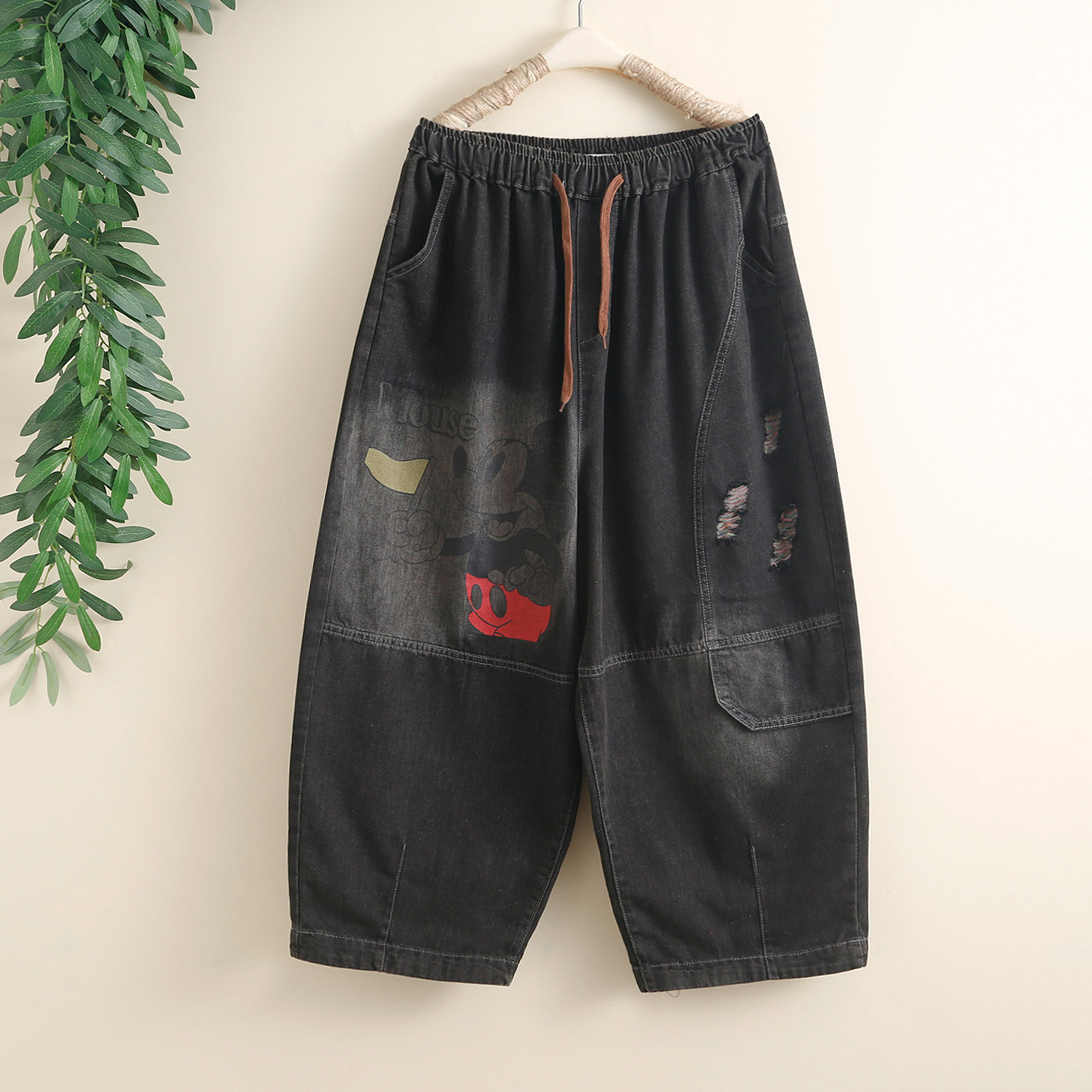 时尚卡通米奇印花九分牛仔裤女大码宽松显瘦洋气垮裤阔腿哈伦裤