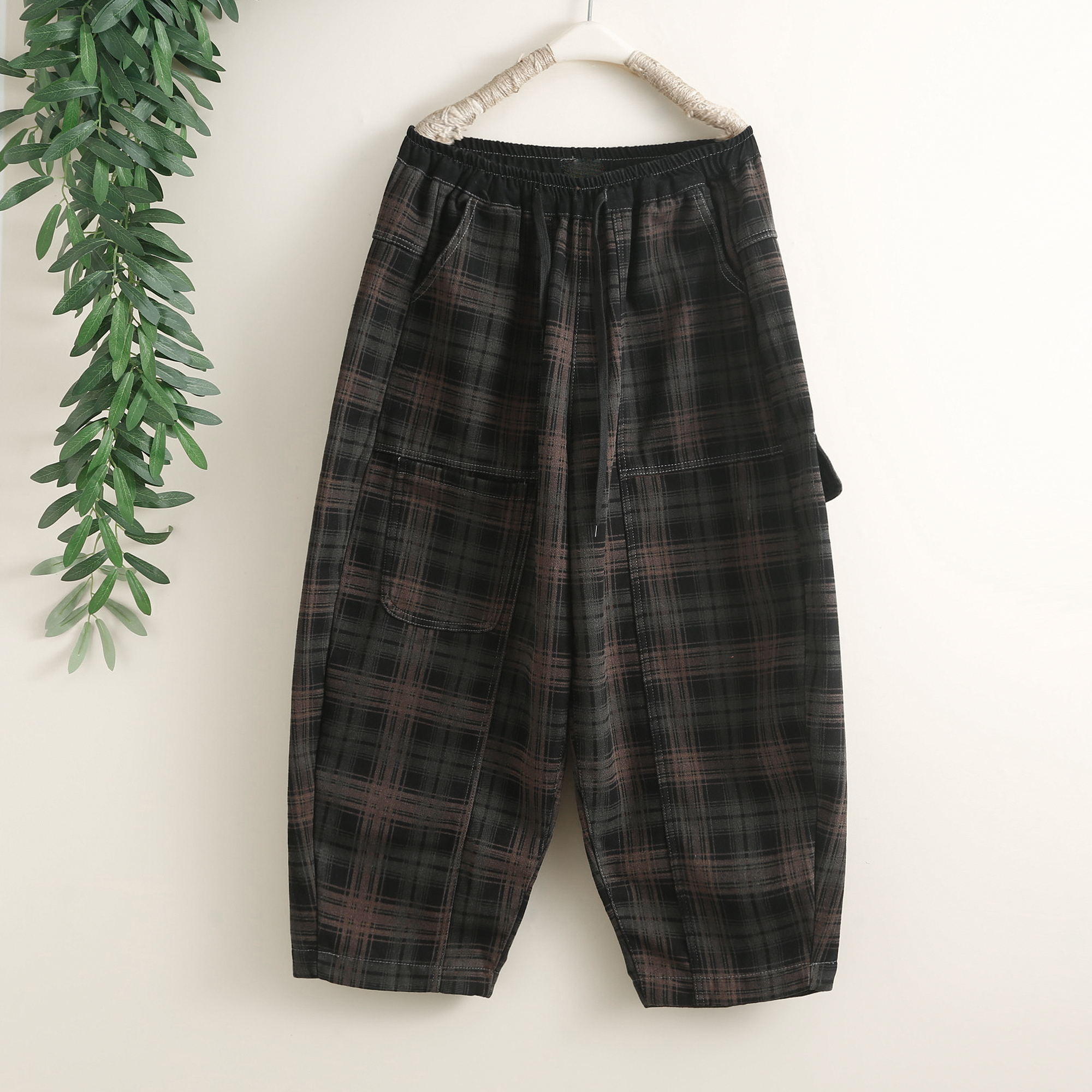 时尚格纹加绒加厚牛仔裤女士冬季大码宽松洋气保暖垮裤阔腿哈伦裤