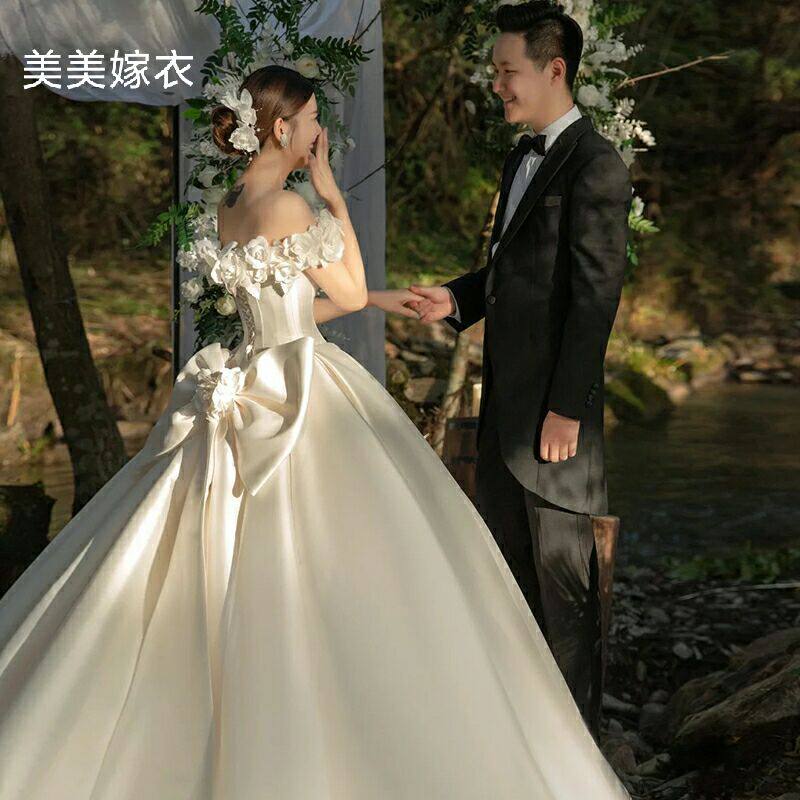 새틴 메인 웨딩 드레스 2022 새 신부 원 숄더 포레스트 스타일 슈퍼 요정 기질 웨딩 드레스 하이 엔드 질감 대형 꼬리