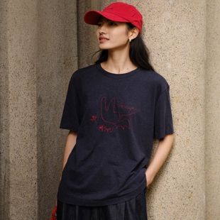 【静序栖真】时尚刺绣短袖T恤女2026秋季新款棉麻松弛感设计上衣