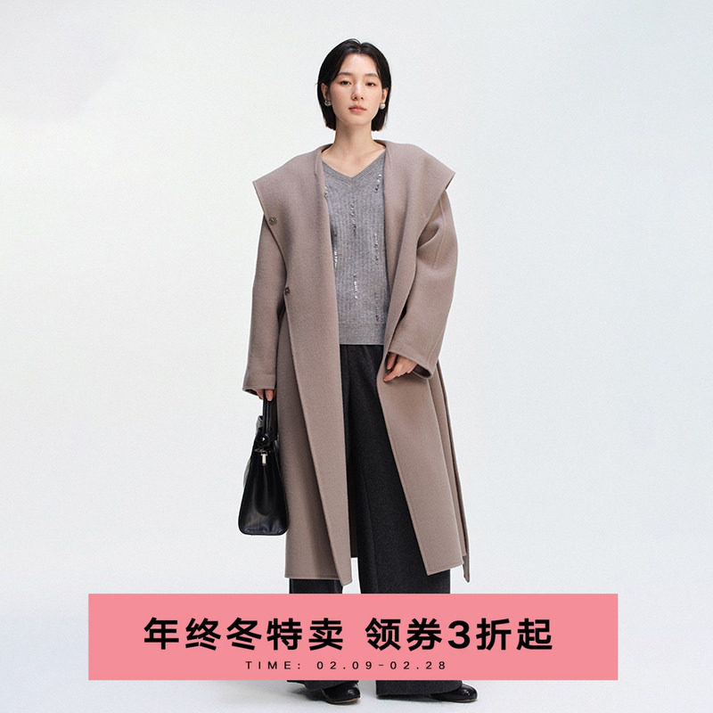 2025冬季时尚百搭连帽毛呢外套女韩版宽松显瘦气质通勤双面呢大衣