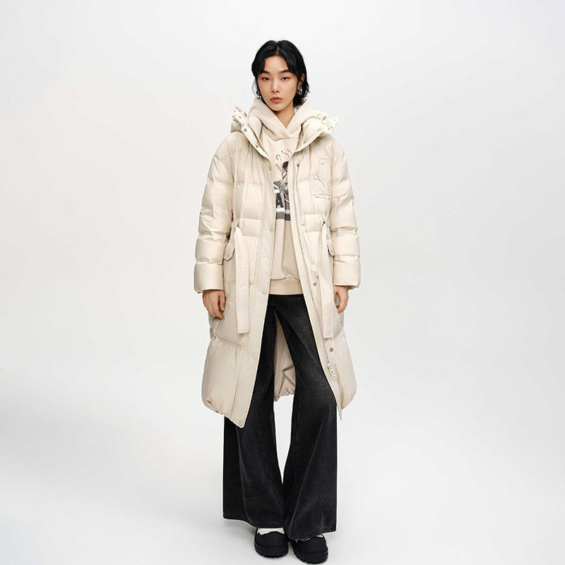 2025冬季新品连帽中长款羽绒服女纯色加厚设计感时尚百搭保暖外套