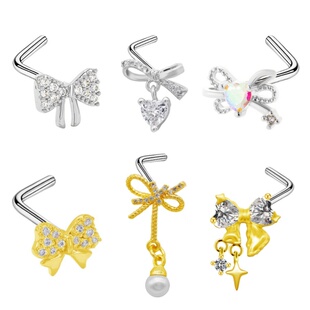 简欧美 蝴蝶结鼻钉L杆微镶锆石辣妹鼻饰不锈钢甜美鼻环穿刺饰品
