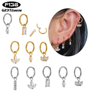 F136植入级钛合金皇冠水滴圆线耳环G23纯钛闭合环锆石吊坠耳圈女