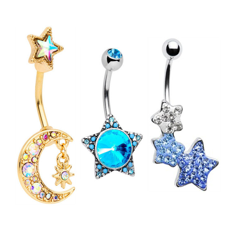 肚皮舞脐钉进口钛钢简约时尚个性星星镶嵌锆石五星钻脐钉脐环脐扣