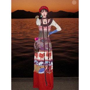 HAPIPP 新中式印花拼接撞色连衣裙女秋冬设计感修身辣妹性感长裙