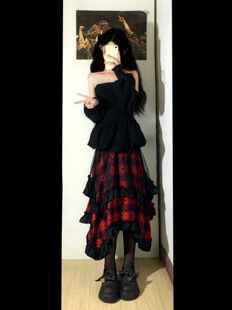 夏季小众轻亚风复古格纹蝴蝶结花边裙子千禧甜辣妹不规则半身裙女