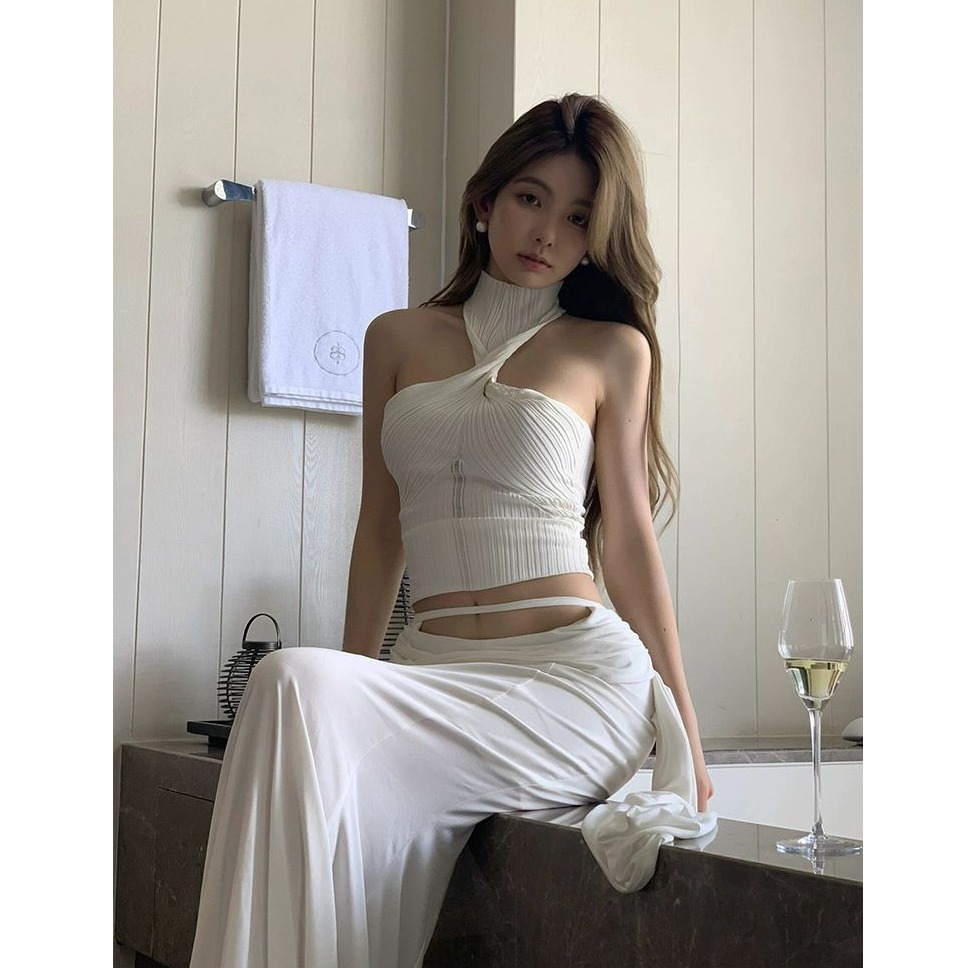 海边度假风超仙套装裙清冷系纯欲风辣妹修身背心露背上衣包臀长裙