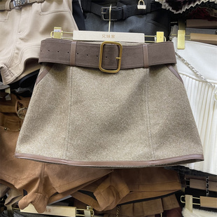 时髦PU皮拼接撞色毛呢半身裙女2024冬季 气质显瘦包臀A字短裙 新款