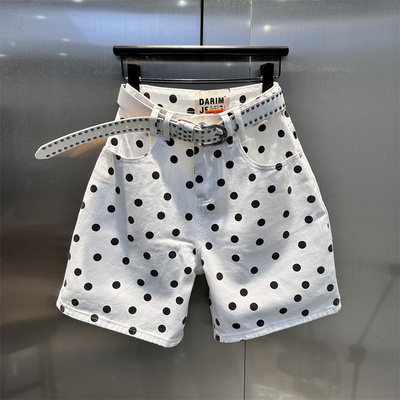 白色黑点设计感时髦牛仔中裤女2026年春季新款高腰小众个性阔腿裤