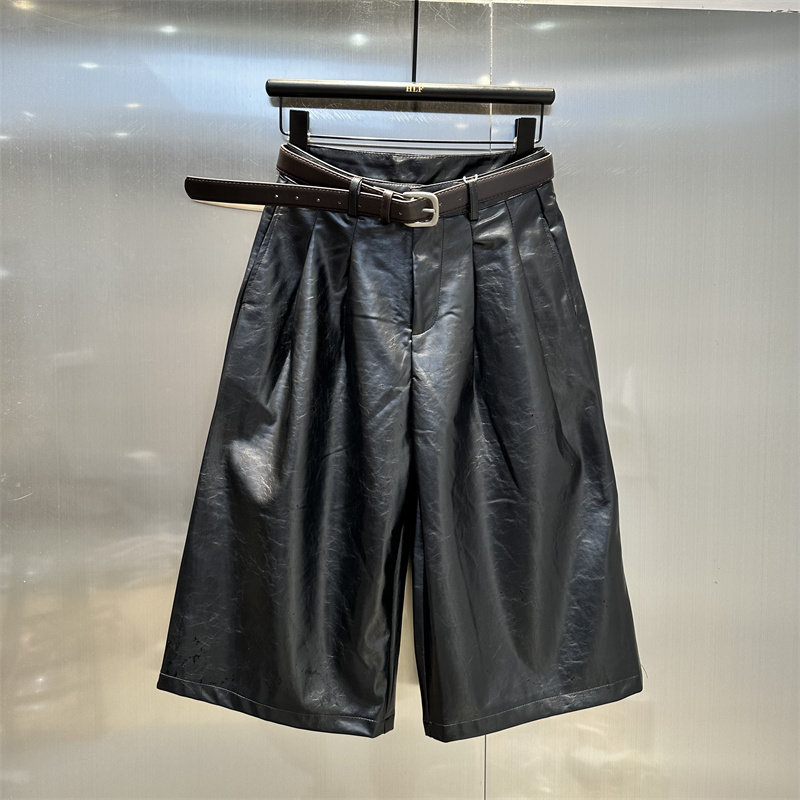 潮牌2025年新款别致设计感黑色PU皮裤女复古高腰显瘦直筒七分裤,女装/女士精品,休闲裤,淘宝优惠券,粉丝福利购,淘宝优惠卷