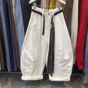 加绒阔腿裤 白色减龄少女感时尚 女2025年秋冬新款 弯刀牛仔长裤 个性