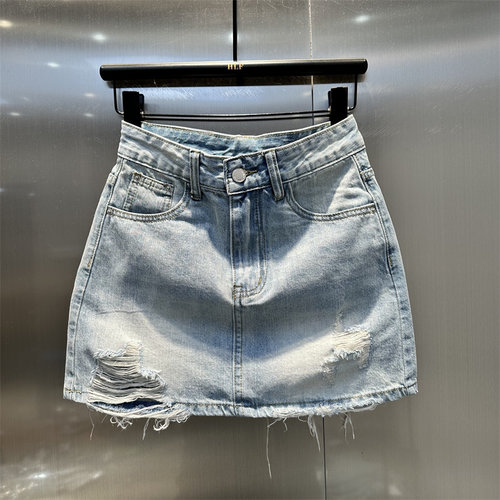 洋气磨破水洗高腰A字牛仔短裙2025年夏季新款防走光包臀半身裙子