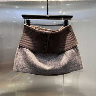 复古咖色针织拼接休闲短裙女2025年冬季新款时尚百搭中低腰半身裙
