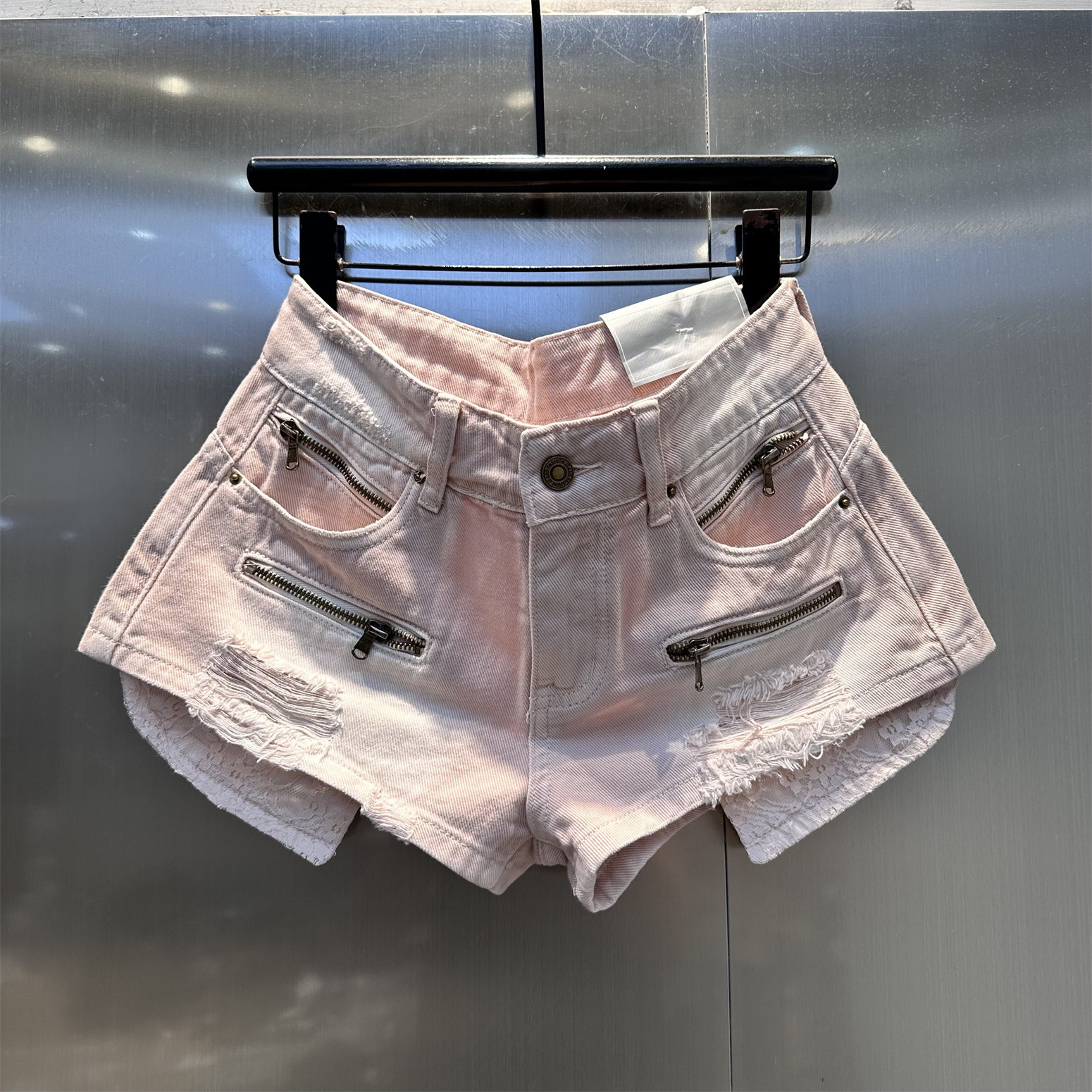 粉色破洞毛边牛仔短裤女夏季高腰拉链显瘦辣妹热裤